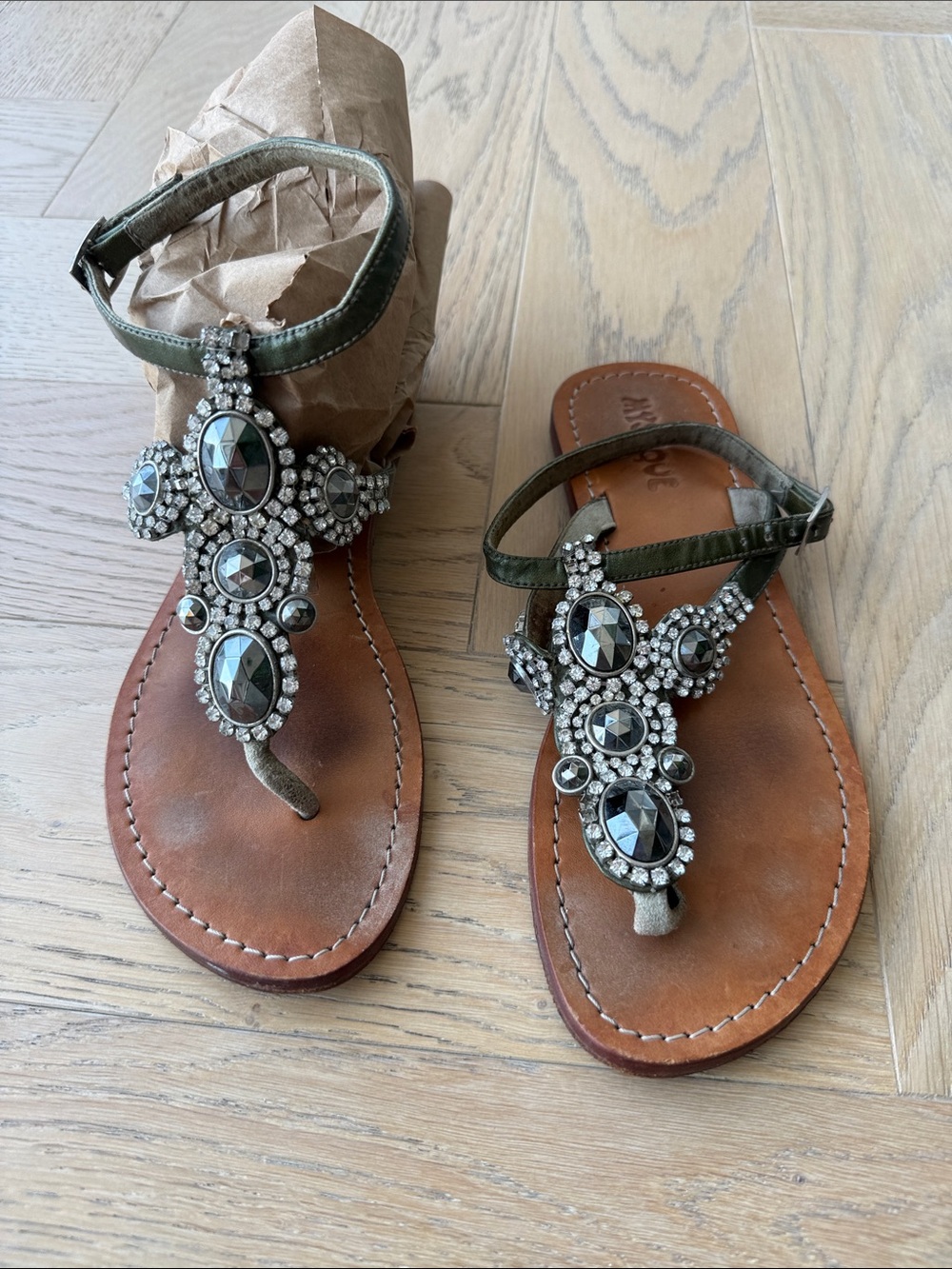 Mystique Boutique Olive Green Jeweled T-Strap Sandals